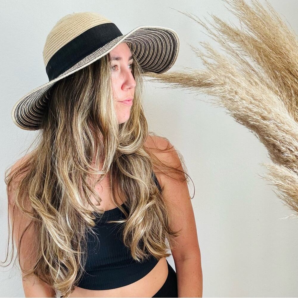 VINTAGE NORDSTROM Cream Tan Straw Wide Brim Floppy Black Bow Ribbon Sun Hat - Picture 9 of 9